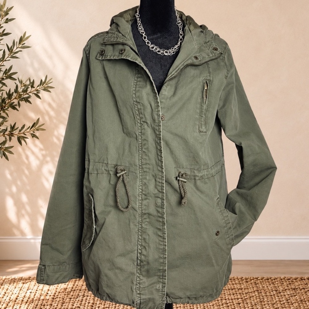 Ambiance Womens Olive Green Hooded Utility Jacket Parka Size L Cotton Canvas